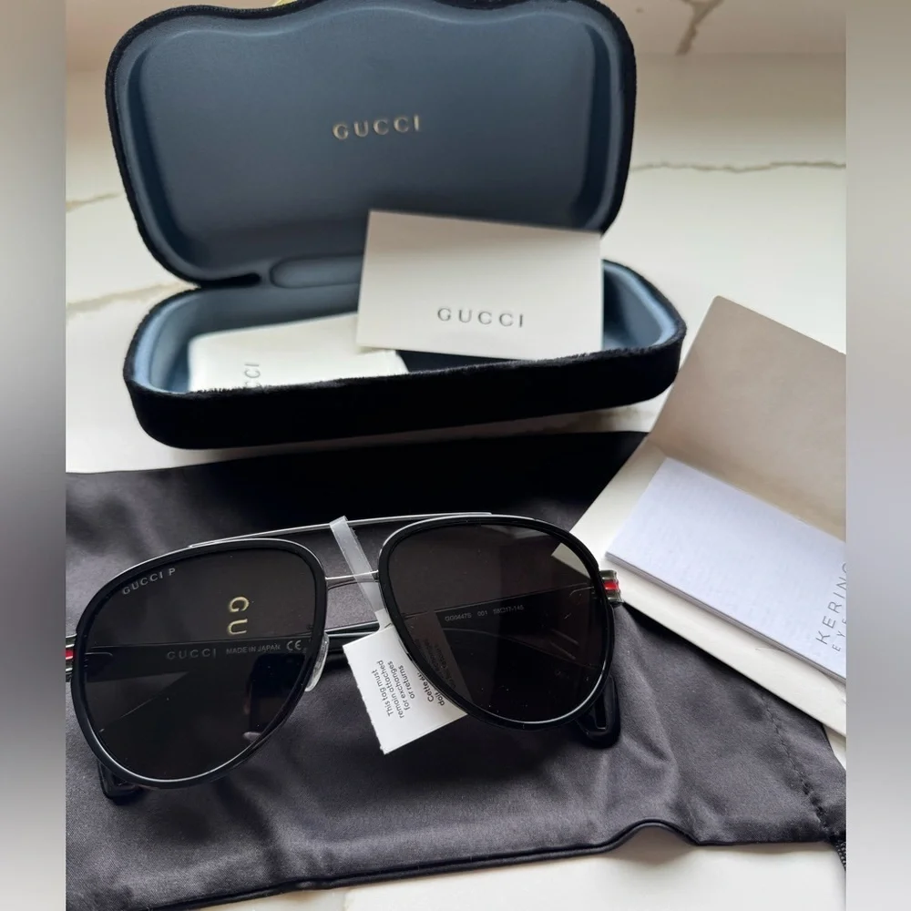 Gucci Black Web Aviator Sunglasses GG0447S Complete Set